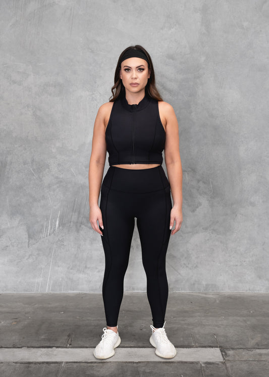 Zip Up Crop & Tights with pockets | Black