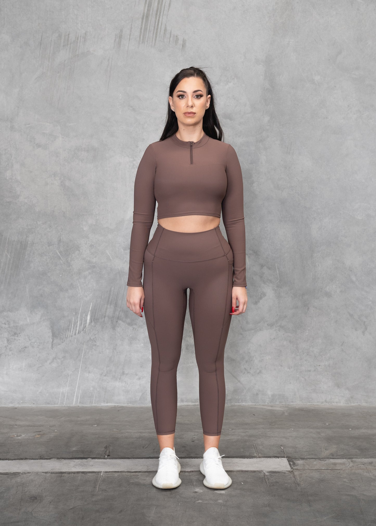 Zip Up Crop & Tights with pockets | Brown